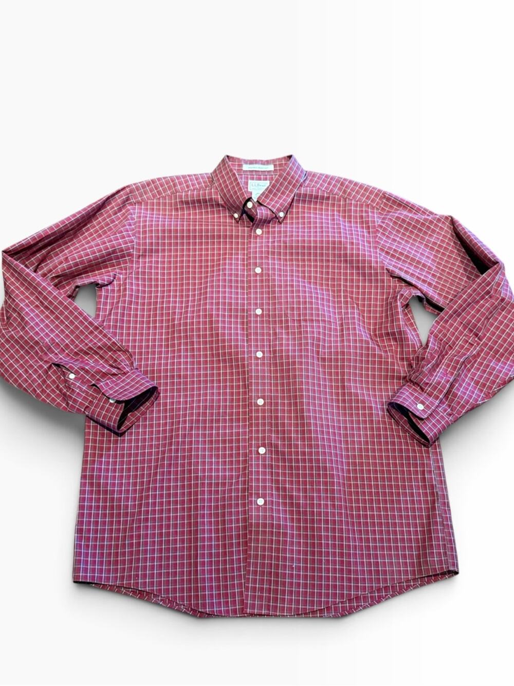 L L Bean Men's Large Tall Red Check Button-Down Long Sleeve Shirt Wrinkle Resist